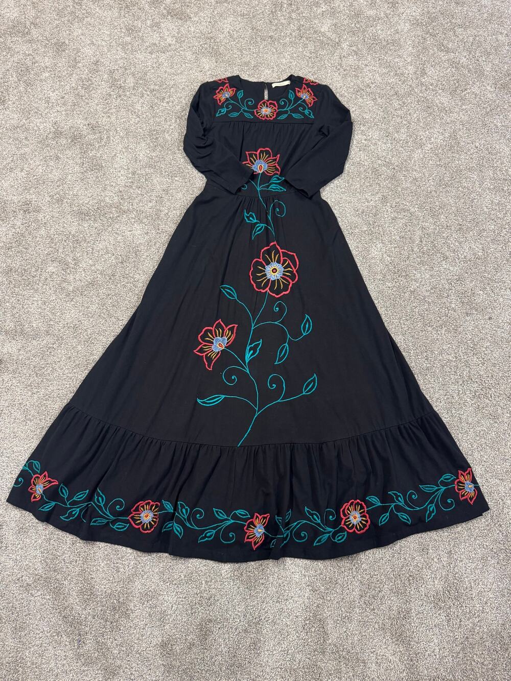 Eshakti Black Maxi Dress with Colorful Floral Embroidery